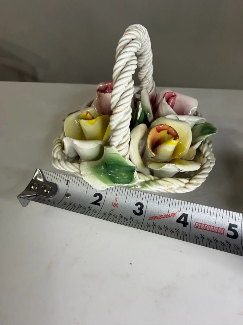 Capodimonte Italian Porcelain Floral Basket with Pink, Yellow and Green Roses